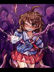 ahoge brown_hair cum cum_on_body cum_on_hair cum_on_lower_body cum_on_upper_body female glasses necktie pote_(ptkan) red-framed_glasses restrained semi-rimless_glasses skirt solo sumireko_usami tentacle touhou