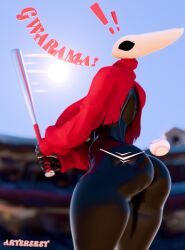 3d alternate_body_type arena artereket arthropod artist_name ass_focus baseball baseball_bat baseball_uniform big_ass big_breasts big_butt black_body black_gloves black_latex black_skin blue_sky breasts buildings dynamic_pose excited female female/female female_only from_behind highres holding_bat hollow_knight hornet_(hollow_knight) huge_ass huge_breasts humanoid large_ass large_breasts latex looking_back open_jacket outdoors red_cloak red_coat red_jacket shiny_clothes solo solo_female stadium sun sunny_day sweaty_ass sweaty_butt text thick_thighs wide_hips