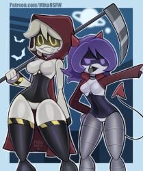 2girls artist_name artist_signature bats breasts curvy_body curvy_female curvy_figure curvy_hips cute_fang devil_horns devil_tail fangs female female_only glitch_productions halloween halloween_costume hips hoodie mikansfw murder_drones nearly_nude nude nude_female patreon purple_hair robot robot_girl robot_humanoid scythe silver_hair thick_thighs thighs uzi_(murder_drones) v_(murder_drones) yellow_eyes