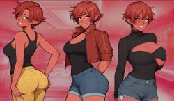 ai_generated azazel_(monster_tutor) boob_window breasts demon_girl different_outfits different_poses female jean_shorts jeans large_breasts leather_jacket monster_tutor outfits pointy_ears red_hair red_skin short_hair yellow_eyes yellow_jeans