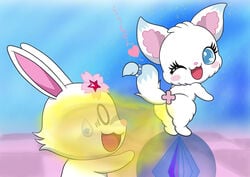 2girls blush duo fart fart_fetish feline female female_only japanese_text jewelpet jewelpet_(species) kon_gitsune_(artist) larimar_(jewelpet) mammal multiple_girls raised_tail ruby_(jewelpet) simple_background size_difference text translation_request wink