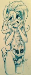 absurd_res blush clothing cum female fluttershy_(mlp) friendship_is_magic hi_res monochrome my_little_pony outercourse penis pussy rockyhardwood sex shirt sketch straight_hair thigh_sex