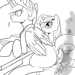 accidental_fart alicorn animal anus ass duo equine fart fart_fetish friendship_is_magic hi_res horn kyokimute_(artist) mammal monochrome my_little_pony princess_celestia_(mlp) public public_fart pussy twilight_sparkle_(mlp) wings