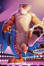 4_toes adult ai_generated anthro balls ballsack bedroom_eyes big_penis buff chest_tuft cum daddy deepthroat disney dominant dominant_male domination dripping_cum feet foot_focus glitter inviting_to_lick looking_at_viewer looking_down male male_only muscular pawpads paws penis raised_leg smiling spread_legs strip_club striped_body striped_fur stripes sweat tiger tiger_dancer tiger_dancer_(zootopia) whip zootopia zootopia_2