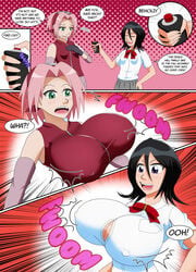 2girls alternate_breast_size big_breasts bleach breast_expansion crossover english_text female female_only green_eyes huge_breasts hyper hyper_breasts kuchiki_rukia multiple_girls naruto oxdarock sakura_haruno short_hair text