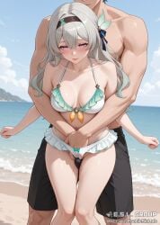1boy ai_generated bangs bare_shoulders beach between_legs between_thighs bikini black_hair_ornament black_hairband black_shorts blue_sky blush bodily_fluids bow breasts clavicle cleavage clenched_hands closed_mouth clothing cloud crossed_bangs day embracing erection erection_under_clothes eroticsinlab female fingering firefly_(honkai:_star_rail) frilled_bikini frilled_swimsuit frills frottage genital_fluids grabbed_from_behind grey_hair hair_between_eyes hair_ornament hairband halterneck hand_in_clothes hand_in_panties hand_in_underwear hand_under_clothes headwear high_resolution honkai:_star_rail hug hugged_from_behind large_breasts long_hair male male_swimwear medium_breasts muscles muscular muscular_male navel ocean outdoors pantsu penis penis_between_thighs public_indecency purple_eyes pussy pussy_juice reach-around sand shorts sky standing straight sumata swimsuit thighs topless topless_male underwear vaginal_juices white_bikini white_swimsuit