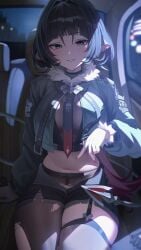 1girls absurdres animal_ears arm_support black_gloves black_hair black_pantyhose black_shorts black_thighhighs blurry blush breasts car_interior crop_top female fingernails fur-trimmed_jacket fur_trim gloves green_eyes grey_jacket hair_intakes hand_up highres jacket jane_doe_(zenless_zone_zero) large_breasts long_hair long_sleeves looking_at_viewer midriff mouse_ears mouse_girl mouse_tail nail_polish navel necktie night open_fly pantyhose puffy_long_sleeves puffy_sleeves red_nails red_necktie short_shorts shorts single_leg_pantyhose single_thighhigh sitting smile solo stomach tail thighhighs thighs torn_clothes torn_pantyhose torn_thighhighs unnunal_(unneonal) unworn_gloves zenless_zone_zero