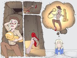 2015 2d animal_genitalia background balls bed blonde_hair boulder cleavage clothed clothing comic cosplay dream dress_shirt elf equine_penis escape eyewear fedora female front_view gentlemanpaux glasses green_eyes hair hat heels high_heels holding_clothing holding_footwear holding_heels holding_object holding_shoes horsecock humanoid imagining indiana_jones indiana_jones_(cosplay) indiana_jones_(series) lucasfilm marienne_silverleaf pants parody penis pointy_ears red_heels rock running sculpture shirt solo statue teeth teeth_clenched testicles trap whip