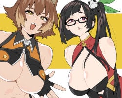 2girls animal_ears bare_shoulders black-framed_eyewear black_gloves black_hair blazblue breast_focus breasts brown_hair chinese_clothes cleavage commentary dress english_commentary fingerless_gloves glasses gloves hair_ornament highres large_breasts litchi_faye_ling long_hair makai makoto_nanaya multiple_girls open_mouth panda_hair_ornament qipao red_dress red_eyes shiny_skin short_hair side_ponytail squirrel_ears squirrel_girl squirrel_tail tail teeth two-tone_background underboob upper_body upper_teeth_only white_background yellow_background yellow_eyes