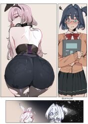 2girls animal_ear_hairband animal_ears ass black_corset black_hair black_hairband black_shoes black_skirt blue_eyes blush book bow bowtie breasts brown_cardigan cardigan commentary corset english_commentary fake_animal_ears female glasses hair_intakes hairband headphones headphones_around_neck highres holding holding_book hololive hololive_english hololive_english_-council- hololive_english_-promise- hololive_myth large_breasts mori_calliope multiple_females multiple_girls one_side_up ouro_kronii pantyhose pink_eyes pink_hair pleated_skirt pomuya rabbit_ears red_bow red_bowtie shoes skirt squiggle torn_clothes torn_pantyhose virtual_youtuber yuri