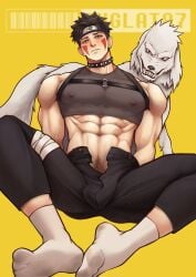 2boys abs absurd_res absurdres akamaru_(naruto) areolae arms_behind_back bandage bandaged_leg bara bedroom_eyes belt black_eyes black_hair blush bulge bulge_through_clothing canine clenched_teeth clothed clothing crop_top dirty_socks dog erect_nipples facepaint fishnet fishnet_shirt fishnets forehead_protector furry gay gay_male gritted_teeth headband hi_res high_resolution highres inuzuka_kiba kiba_inuzuka konohagakure_symbol light-skinned_male light_skin looking_at_viewer male male/male male_focus male_only muscles muscular muscular_male narrowed_eyes naruto naruto:_the_last naruto_(series) naruto_shippuden nipples nose_blush onglai87 pale-skinned_male pale_skin pinup pubes pubic_hair red_eyes shonen_jump shounen_jump shueisha sitting skimpy skimpy_clothes socks soles spiky_hair suspenders teeth_clenched teeth_showing unbuttoned_pants very_high_resolution watermark weekly_shonen_jump weekly_shounen_jump white_fur white_socks yaoi zoophilia