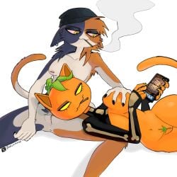 2girls black_suit breast_grab breasts calico_cat casual_groping casual_nudity cat_ears cat_tail catgirl chilling clash_(series) clash_royale drugs eyeliner female female_only fortnite fortnite:_battle_royale fortnitemares furry furry_female green_hair meow_skulls_(fortnite) meowskulls milkykkoa pumpkin spice_(fortnite) tufted_fur weed yellow_eyes yuri