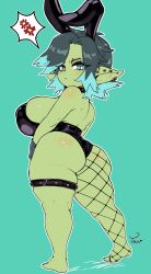 1girls anger_vein ass barefoot big_breasts black_hair blue_hair blush breasts bunny_ears bunnysuit ear_piercing earrings eyebrow_piercing female female_only fishnet_legwear goblin goblin_female goth green_background green_eyes green_skin leora_(kibix1) looking_at_viewer looking_back looking_back_at_viewer mamatua medium_hair narrowed_eyes rear_view shortstack simple_background solo speech_bubble thick_ass thick_thighs thigh_strap two-tone_hair very_high_resolution