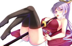 :p bare_shoulders black_legwear blush bow breasts cleavage covered_nipples ebi_193 female hairbow heart heart-shaped_pupils katana large_breasts long_hair looking_at_viewer lying o-ring on_back panties ponytail purple_eyes purple_hair pussy_juice sexually_suggestive side-tie_panties simple_background sleeveless solo sword symbol-shaped_pupils thighhighs tied_hair tongue tongue_out touhou underwear untied untied_panties watatsuki_no_yorihime weapon white_background white_panties