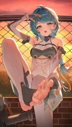 absurdres arm_up armpits backlighting bare_shoulders blue_eyes blue_hair breasts chain-link_fence dress elbow_gloves feet female fence flexible_toes foot_fetish gloves handkerchief highres leg_up long_hair looking_at_viewer low-tied_long_hair medium_breasts open_mouth outdoors pantyhose presenting_foot seed_(zenless_zone_zero) sitting sleeveless sleeveless_dress solo stirrup_legwear sunset sweat swept_bangs toeless_legwear toes unnunal_(unneonal) white_dress white_pantyhose zenless_zone_zero