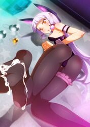 ass cum cum_on_body cum_on_lower_body female highres kantai_collection long_hair murakumo_(kantai_collection) pantyhose purple_hair rbx_lamen reflection small_breasts solo