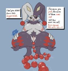 absurd_res anal anal_beads anal_beads_in_ass anal_fluids anal_penetration anthro black_body black_fur bodily_fluids breasts cheek_tuft clitoris crouching dialogue dupin_(pal) eyelashes facial_tuft female fur genitals grey_background hi_res hurner jester lagomorph leporid looking_at_viewer makeup mammal markings mascara multicolored_body multicolored_fur navel neck_tuft nipples object_in_ass pal_(species) palworld penetration pocketpair pubes rabbit red_markings running_makeup running_mascara sex_toy sex_toy_in_ass sex_toy_insertion simple_background solo speech_bubble spread_legs spreading sweat text tuft vulva white_body white_fur yellow_eyes yellow_markings