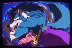 2025 4_fingers abstract_background animal_genitalia animal_penis anthro balls big_balls big_penis black_border black_nose blue_body blue_fur border bottomwear canid canine canine_genitalia canine_penis canis capcom chicobo claws clothed clothing crt_effect darkstalkers erection finger_claws fingers fur genitals grey_claws jon_talbain knot male mammal muscular muscular_anthro muscular_male pants penis pink_penis pupils purple_bottomwear purple_clothing purple_pants tongue tongue_out topless vein veiny_penis white_balls white_body white_fur wolf yellow_eyes