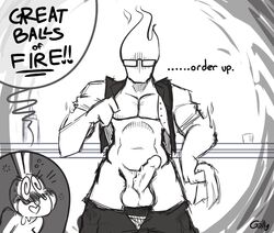 1boy balls crazy_bun elemental fire gollyollyoxenfree grillby male male_only npc open_clothes open_shirt presenting shirt swirly_eyes text thick_penis undertale video_games