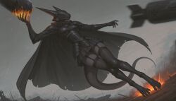 ai ai_art ai_assisted ai_generated anthro armor artillery_witch battle bottomwear breasts cape clothing crosscrusader dark_clothing destruction digitigrade dragon dragoness faceless_character female floating garter_straps hi_res leg_armor legwear long_tail mythological_creature mythological_scalie mythology overcast scalie skirt sky smoke solo thigh_highs trench_crusade