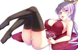 :p bare_shoulders black_legwear blush bow breasts cleavage covered_nipples ebi_193 female hairbow heart heart-shaped_pupils large_breasts long_hair looking_at_viewer lying o-ring on_back panties ponytail purple_eyes purple_hair pussy_juice revision sexually_suggestive side-tie_panties simple_background sleeveless solo symbol-shaped_pupils thighhighs tied_hair tongue tongue_out touhou underwear untied untied_panties watatsuki_no_yorihime white_background white_panties