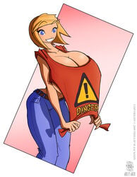 belt blonde_hair blue_eyes breasts female female_only huge_breasts human jeans jolly_jack shirt short_hair smile solo