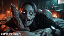 after_fellatio after_oral after_orgasm ai ai_art ai_generated cum_in_mouth female glowing_eyes halloween halloween_theme horror horror_(theme) looking_at_viewer lying_on_bed lying_on_stomach male male_human/female_undead male_pov night pov undead white_hair zombie_girl