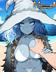 1boy 1futa 2025 ai_generated artist_name beach bikini blue_eyes blue_hair blue_skin blue_sky breast_grab breasts bust chest choker cloud colored_skin day deep_skin elden_ring female foxenpai fromsoftware futanari grabbing groping guided_breast_grab hi_res high_quality high_resolution highres horizon intersex long_hair looking_at_viewer male ocean outdoors patreon patreon_username pov pov_hands ranni_the_witch sand side-tie_bikini sky smile solo_focus stable_diffusion straight sun_hat swimsuit tail water watermark white_bikini