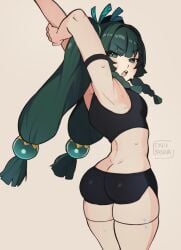 android arm_strap armpits ass black_shirt black_shorts braid braided_sidelocks breasts butt_crack crop_top female from_behind green_eyes green_hair highres humanoid_robot long_hair looking_at_viewer looking_back oniiyanna oniyanna open_mouth qingyi_(zenless_zone_zero) robot shirt short_shorts shorts simple_background small_breasts solo stretching thick_thighs thighs twintails v-shaped_eyebrows zenless_zone_zero