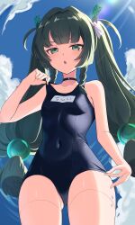 absurdres alternate_costume bare_shoulders black_choker blue_one-piece_swimsuit blue_sky breasts choker cloud collarbone commentary_request day female fingernails green_eyes green_hair hair_ornament hand_up highres long_hair looking_at_viewer one-piece_swimsuit open_mouth outdoors qingyi_(zenless_zone_zero) ruaruayana sky small_breasts solo sphere_hair_ornament strap_pull swimsuit twintails very_long_hair zenless_zone_zero