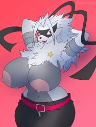 2025 anthro areola bandai_namco belt big_breasts bottomwear breasts clothing digimon digimon_(species) digimon_beatbreak fangs female fur grey_body grey_fur grey_hair hands_behind_head hi_res huge_breasts mammal mask navel nipples open_mouth pants punch_pubby red_eyes solo star teeth white_body white_fur wide_hips wolvermon zipper