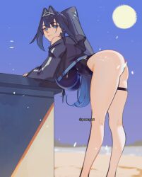ass black_hair black_jacket blue_eyes blue_hair blue_one-piece_swimsuit blue_sky breasts chain_headband chains female gradient_hair hair_intakes highleg highleg_one-piece_swimsuit highres hololive hololive_english hololive_english_-council- hololive_english_-promise- huge_breasts jacket long_hair multicolored_hair official_alternate_costume official_alternate_hairstyle one-piece_swimsuit ouro_kronii ouro_kronii_(holonatsu_paradise) pomuya ponytail sky solo sun swimsuit thigh_strap virtual_youtuber