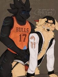 absurd_res anthro athletic athletic_male backwards_baseball_cap backwards_hat bandage bandage_on_face baseball_cap bird_dog black_body blonde_hair blue_blush blue_eyes blue_freckles blue_markings blue_penis blush bodily_fluids canid canine canis cerberussenn chicago_bulls claws clothing domestic_dog dragon duo ear_piercing facial_markings falchion_(cerberussenn) floppy_ears freckles frottage genital_fluids genitals golden_retriever hair hand_on_hip hat head_markings headgear headwear heart_symbol hi_res holding_partner horn hunting_dog internal_dialogue jacket jersey jockstrap letterman_jacket luke_aree_(cerberussenn) male male/male mammal markings muscular muscular_male mythological_creature mythological_scalie mythology nba nervous number_on_clothing number_on_jersey penile penis penises_touching piercing precum precum_through_clothing precum_through_underwear retriever rubbing scales scalie sex shirt signature size_difference smile speech_bubble sweat tank_top teal_eyes teasing teasing_with_butt topwear underwear wet wet_clothing wiggling_hips yellow_body