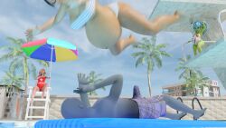 3d action_pose bathing_suit belly belly_slam big_belly big_breasts bloated_belly diving diving_board erection erection_under_clothes female generic_male goblin_female lifeguard male motion_blur outdoors ovinaxu pool pool_float pregnant render shortstack