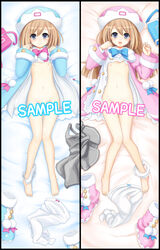 2girls barefoot blue_eyes blush breasts brown_hair censored dakimakura feet female hat long_hair looking_at_viewer lying multiple_girls naked neptunia_(series) nipples nude on_back open_mouth panties panties_around_one_leg ram_(neptunia) rom_(neptunia) sample short_hair siblings sisters smile soles toes underwear urokozuki