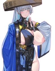 big_areola big_breasts black_dress blue_eyes blue_haori bow999 bow_(bhp) breast_slip breasts breasts_out breasts_out_of_clothes cleft_of_venus dress earrings female fully_clothed goddess_of_victory:_nikke groin haori hat highres huge_breasts japanese_clothes jewelry jingasa light-skinned_female long_hair looking_at_viewer mole_on_breast nayuta_(nikke) nipples one_breast_out pussy shakujou silver_hair simple_background solo staff teasing thick_thighs thighs very_long_hair white_background white_hair