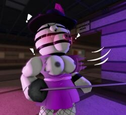 3d accidental_exposure blush breasts conference_room exclamation_mark female fishnet_leggings furry hat nikkipickle piggy_(game) purple_dress purple_light rapier ripped_dress solo standing zebra zebra_stripes zizzy_(piggy)