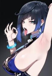 1girls ai_generated areola areola_slip armpits blush breasts erect_nipples fellatio_gesture female genshin_impact huge_breasts inviting light-skinned_female light_skin looking_at_viewer nipples open_mouth saliva sexually_suggestive tongue tongue_out truck-kun_art truck_kun yelan_(genshin_impact)