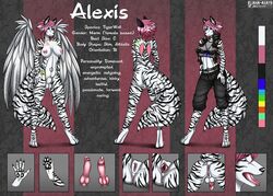 2015 alexis animal_genitalia anthro anus back blue_eyes breasts canine canine_penis clothing eliana-asato feathers feline fishnet front_view fur hair herm hybrid intersex knot mammal model_sheet nipples open_mouth penis piercing pink_hair pink_penis pussy sheath short_hair solo standing tattoo tiger tongue white_fur white_tiger wings wolf