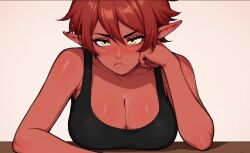 ai_generated azazel_(monster_tutor) breasts demon_girl female grumpy large_breasts monster_tutor pointy_ears red_hair red_skin short_hair simple_background yellow_eyes