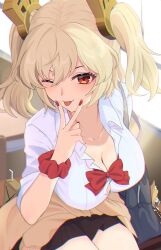 ;d absurdres black_skirt blonde_hair bow bowtie breasts burnice_white clothes_around_waist commentary desk female hair_between_eyes hair_ornament highres indoors jacket large_breasts looking_at_viewer one_eye_closed open_clothes open_mouth partially_unbuttoned pleated_skirt pulchra_fellini red_bow red_bowtie red_eyes red_nails ruaruayana school_desk school_uniform shirt short_hair sitting sitting_on_table skirt smile solo tongue tongue_out twintails v white_shirt zenless_zone_zero