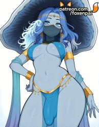 1futa 2025 ai_generated artist_name blue_eyes blue_skin bracelet breasts bust chest cock colored_skin dick elden_ring erection foxenpai fromsoftware futanari hand_on_hip hi_res high_quality high_resolution highres intersex jewelry long_hair navel patreon patreon_username penis ranni_the_witch smile solo stable_diffusion veil watermark
