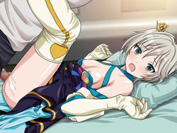 1boy anastasia_(idolmaster) bare_shoulders blue_eyes blush breasts censored crown dress elbow_gloves female gloves idolmaster idolmaster_cinderella_girls jewelry legs_up looking_at_viewer lying mini_crown nipples on_back open_mouth penetration penis ryunnu sex short_hair silver_hair solo_focus straight tears thighhighs vaginal_penetration white_gloves white_legwear