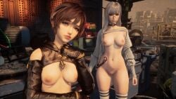 2girls black_sleeves bottomless breasts brown_hair eve_(stellar_blade) female glasses lily_(stellar_blade) lily_artemis_ii looking_at_viewer multiple_girls reverse_outfit sad screenshot silver_hair_female socks stellar_blade stellarboi sulking sweater thick_thighs thighs thinking video_game white_sweater