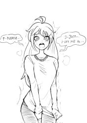 1girls begging begging_to_pee biku blush breasts cynthia_(alphahyoudou) english_text female hand_between_legs have_to_pee long_hair long_sleeves looking_at_viewer open_mouth original shirt