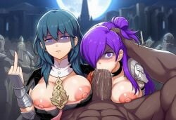 1boy 2girls abs ai_generated assisted_fellatio audience big_breasts blowjob breasts byleth_(fire_emblem) byleth_(fire_emblem)_(female) cleavage cock_worship crowd cum cum_in_mouth dark-skinned_male dark_skin deepthroat disgusted fellatio female fire_emblem fire_emblem:_three_houses fire_emblem_engage hand_on_head interracial large_breasts large_penis larger_male looking_at_viewer male middle_finger nintendo oral_sex penis penis_awe penis_in_mouth pov rivalry sad self_upload sex shaded_face shez_(fire_emblem) shez_(fire_emblem)_(female) tagme tears