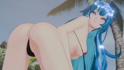3d ass bear_ears bear_girl bending_over blue_eyes blue_hair female fujikura_uruka long_hair looking_back medium_breasts outdoors palm_tree phase_connect phase_origins savagecabbage streaked_hair swimsuit virtual_youtuber vtuber
