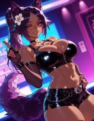 1girls abs ai_generated animal_ear_fluff animal_ears balecxi bangs bare_shoulders belt black_choker black_shorts bleach bleach:_the_thousand-year_blood_war blurry_background breasts cat_ears choker cleavage clothing crop_top curvaceous curvaceous_female curvaceous_figure curvy curvy_figure dark-skinned_female dark_skin elbow_gloves fangs female female_focus female_only fingerless_gloves fingernails fishnet_gloves fishnets flower fox_tail gloves hair_flower hair_ornament hand_on_own_hip inviting large_breasts legwear long_hair looking_at_viewer makeup mature_female midriff nail_polish navel open_mouth ponytail presenting presenting_ass presenting_breasts presenting_hindquarters presenting_self purple_hair purple_nails seductive seductive_look seductive_smile shihouin_yoruichi short_shorts shorts slit_pupils smile solo stomach tail teeth thighhighs thighs toned voluptuous voluptuous_female yellow_eyes zipper_pull_tab