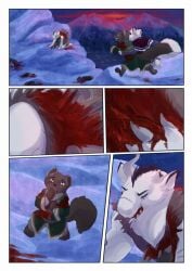 2025 anthro arctic_fox aurochs biped bjekkergauken blood bodily_fluids bovid bovine brown_body brown_fur brown_tail canid canine clothed clothing colored comic corpse death female fox fur gore group gulonine herja_(bjekkergauken) hi_res male mammal marten melee_weapon mustelid musteline outside pained_expression pine_marten recently_extinct_species shirin_(bjekkergauken) snow snowing suid suine sus_(pig) sword tail the_weapon_thief true_fox unni_(bjekkergauken) weapon white_body white_fur white_tail wild_boar wounded