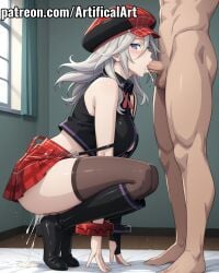 1boy 1girls ai_generated alisa_ilinichina_amiella artifical_art balls big_breasts blowjob blowjob_face blue_eyes blush cabbie_hat cum cum_in_mouth cum_in_pussy cum_inside cum_inside_mouth god_eater god_eater_burst hair_between_eyes hat light-skinned_female light_skin oral oral_creampie oral_penetration oral_sex penis penis_in_mouth plaid_hat plaid_skirt red_hat red_skirt russian_girl sex sleeveless sleeveless_shirt sliver_hair sucking sucking_penis watermark young_female